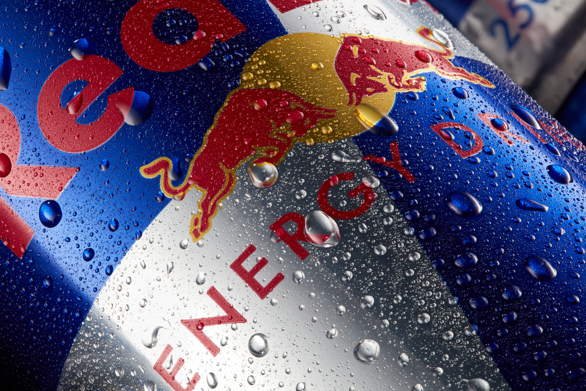 Red Bull can macro product photo with condensation