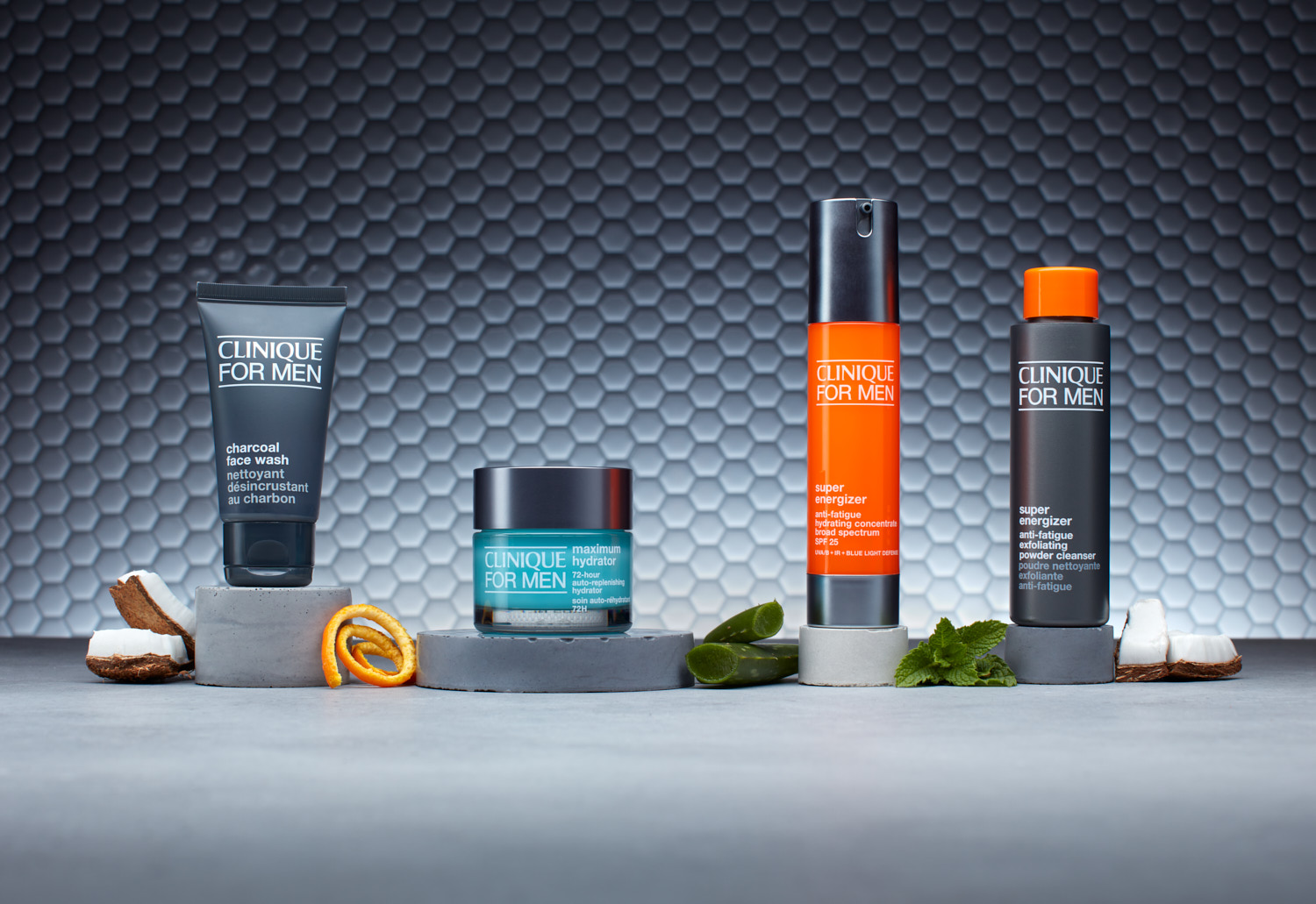 Clinique mens still life cosmetics product photo with ingredients.