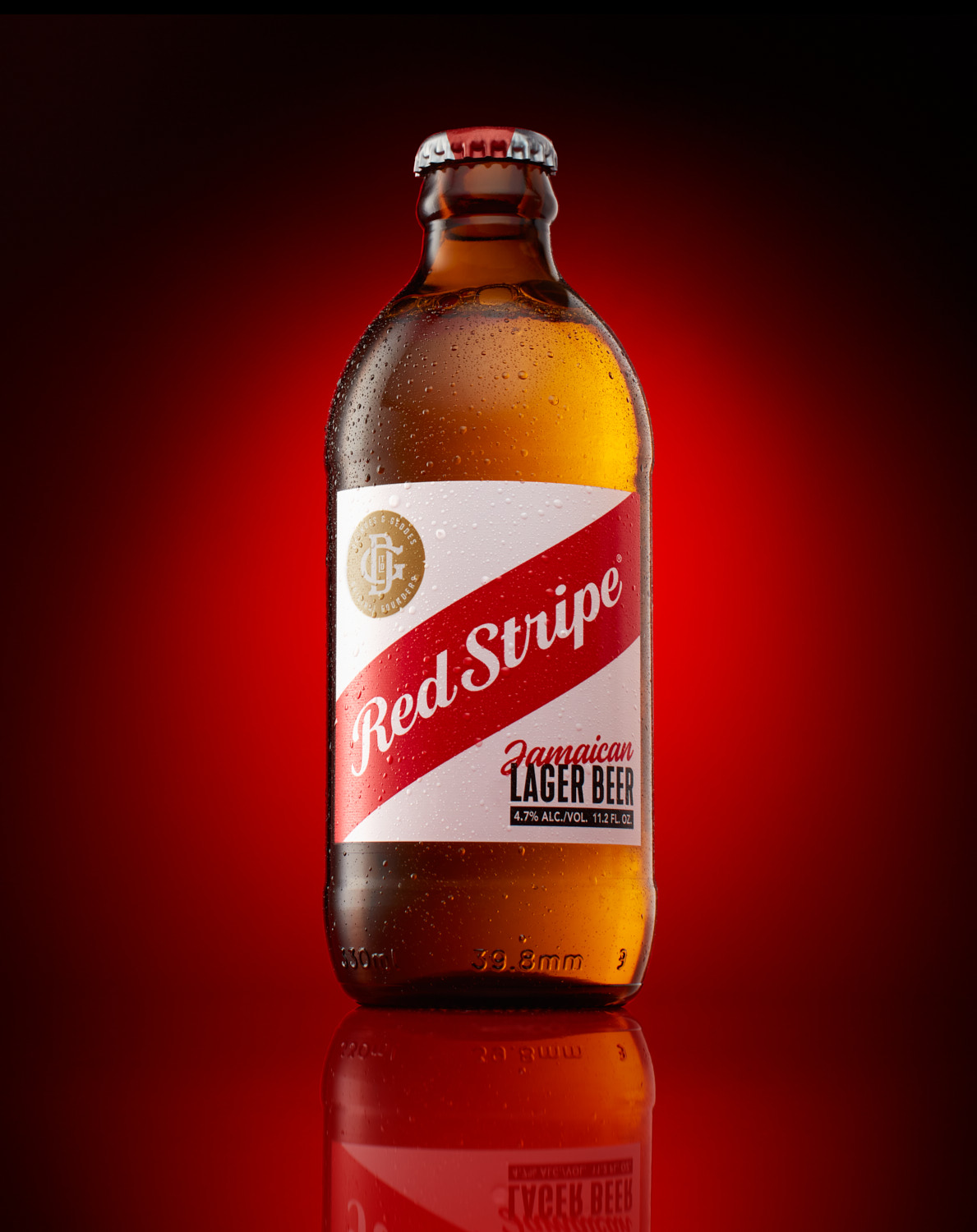 Red Stripe Beer on red gradient background