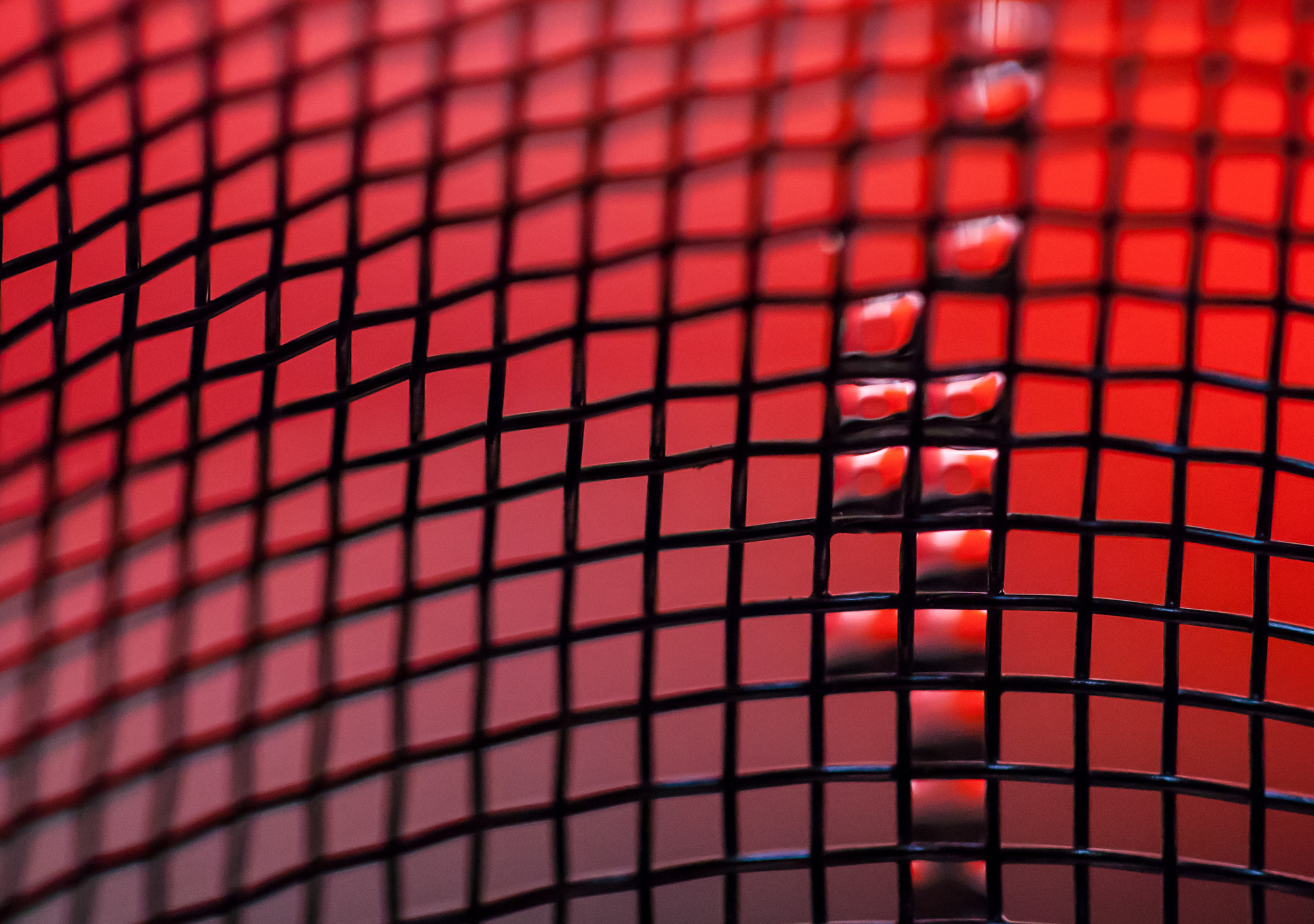 Macro Fine Art Photo of water refracting red on a mesh grid.