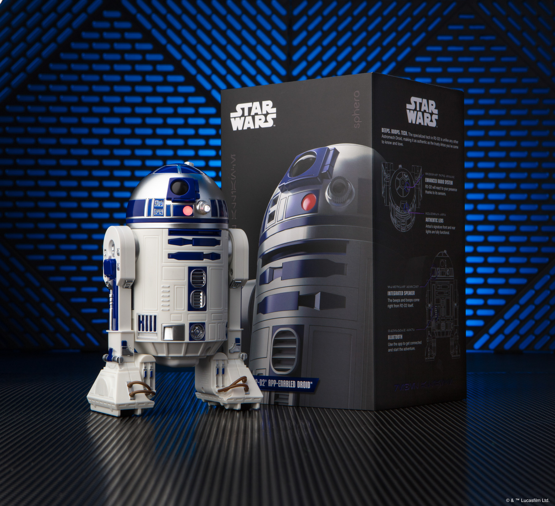 Sphero R2-D2 Star Wars toy and packaging with blue background.